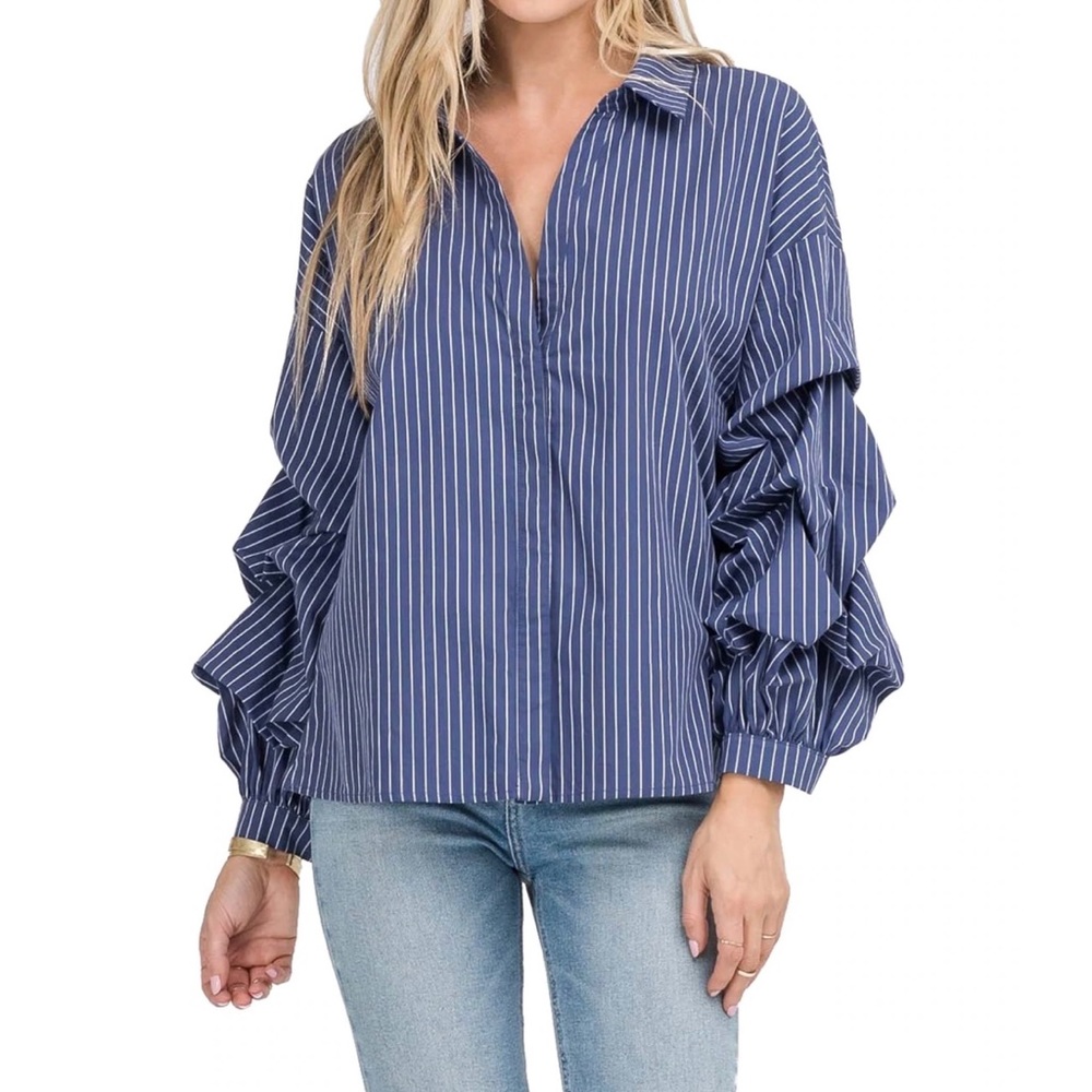 Astr shirt blue white striped ruffled sleeve collared button front